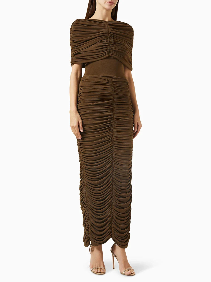 Pleated Cape Long Dress with Sculpted Sheath Silhouette