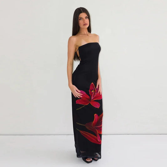 Black Floral Print Strapless Maxi Dress