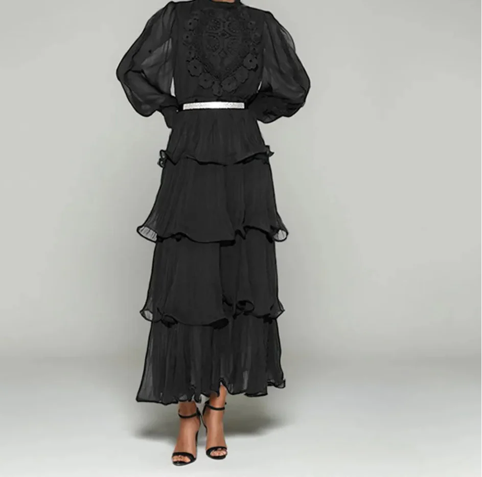 Red Lace Ruffle Maxi Dress | Tiered Layer Boho Party Gown