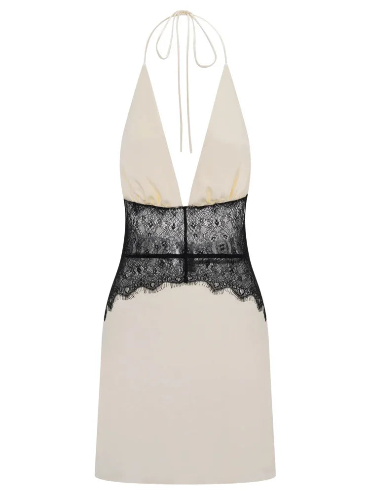 White Satin Lace Patchwork Mini Dress