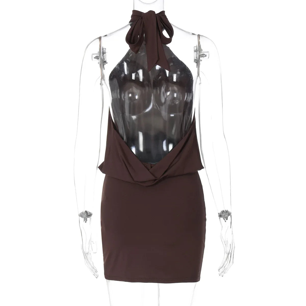 Backless Halter Mini Dress | Pleated Brown Party Look