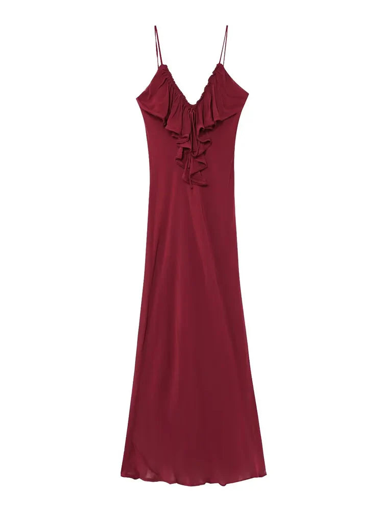 Burgundy Chiffon Tiered Slip Dress | Summer Ankle-Length Gown