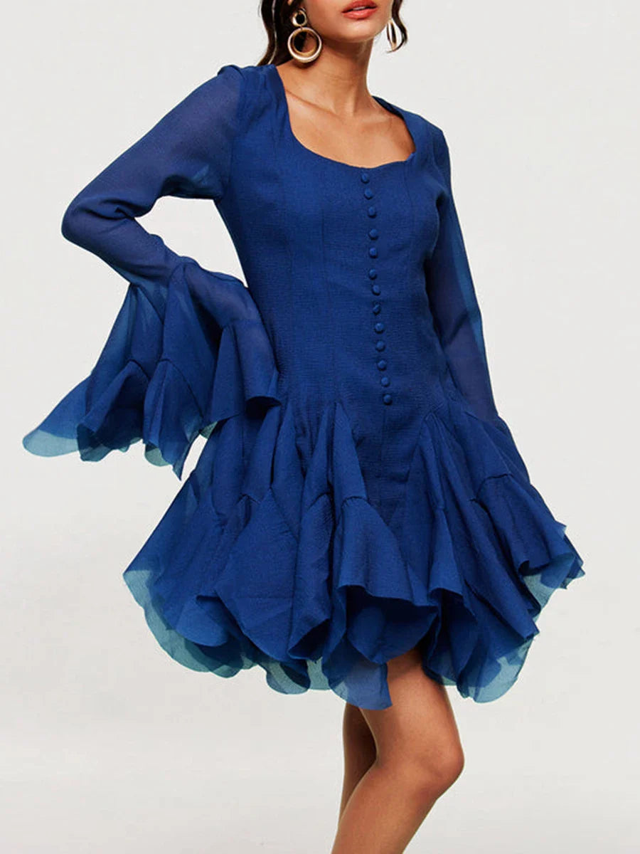 Royal Blue Ruffle Mini Dress with Long Sleeves