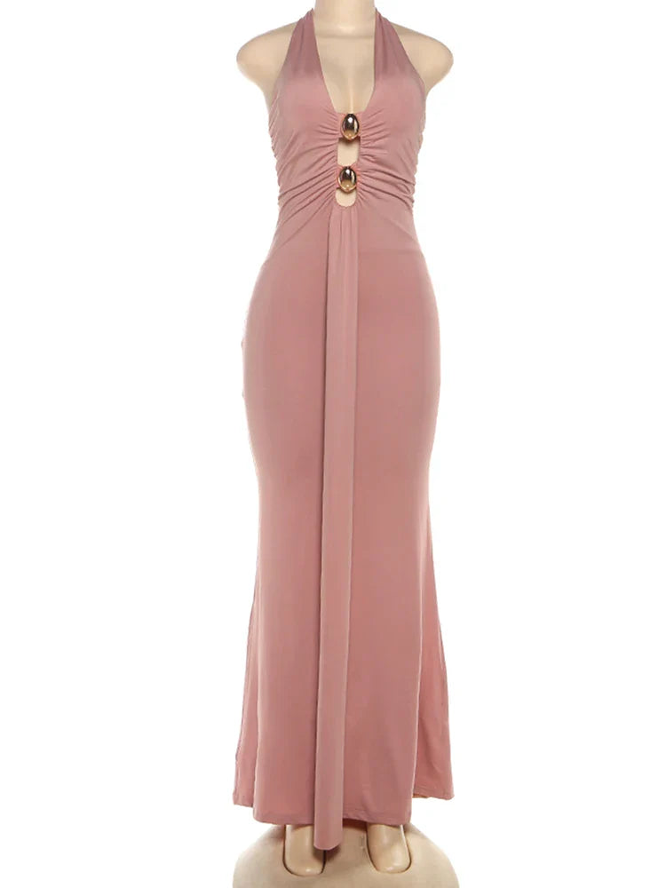 Peach Halter Ruched Maxi Open Back Dress