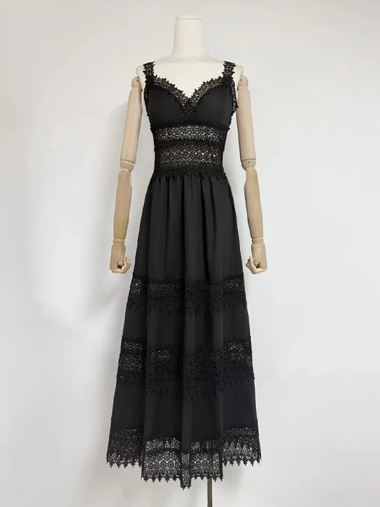 Black White Lace Patchwork Dress | V Neck Sling A-Line Gown