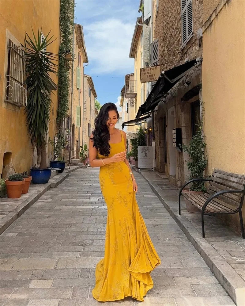 Mustard Beaded Spaghetti Strap Backless Maxi Dress – Elegant