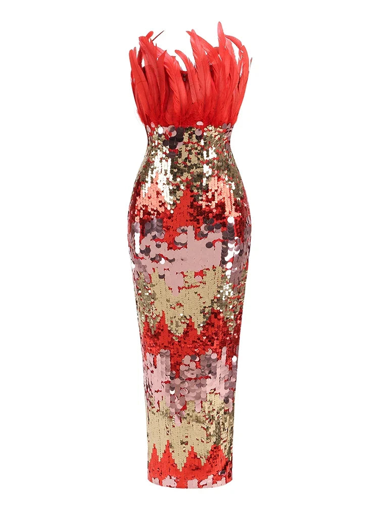 Red & Gold Feather Sequin Patchwork Strapless Gown