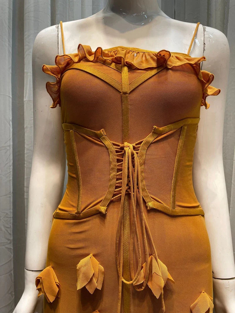 Yellow 3D Flowers Front Tie Up Strap Maxi Dress