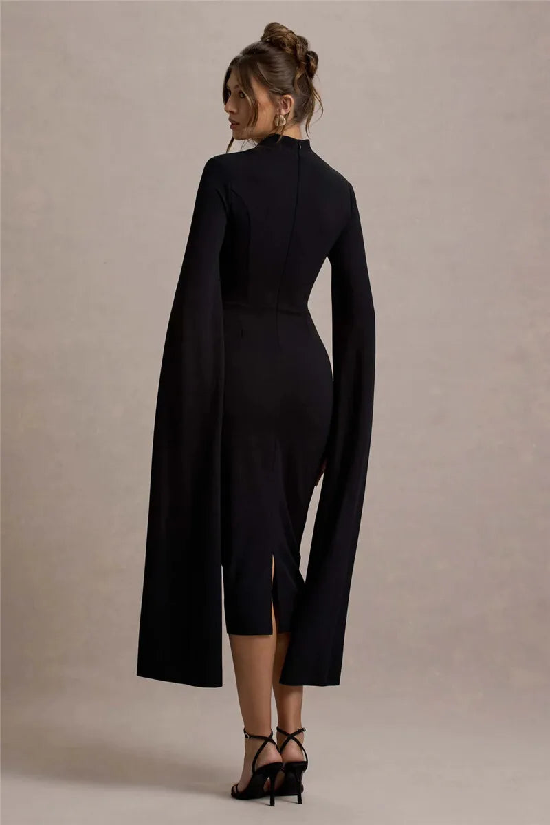 Black Midi Dress with Long Cape Sleeves