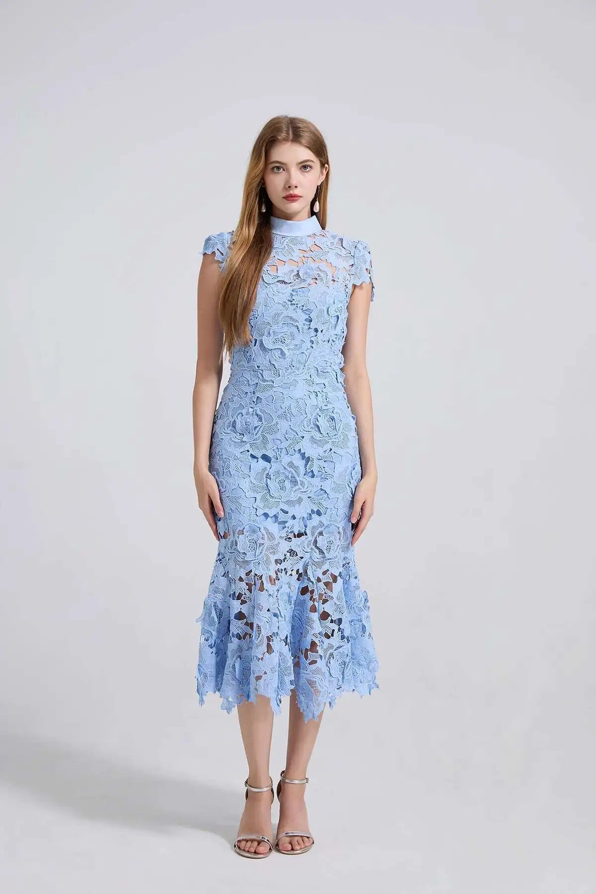 Embroidered Lace Mermaid Dress – Elegant Formal Fishtail Gown with Short Sleeves