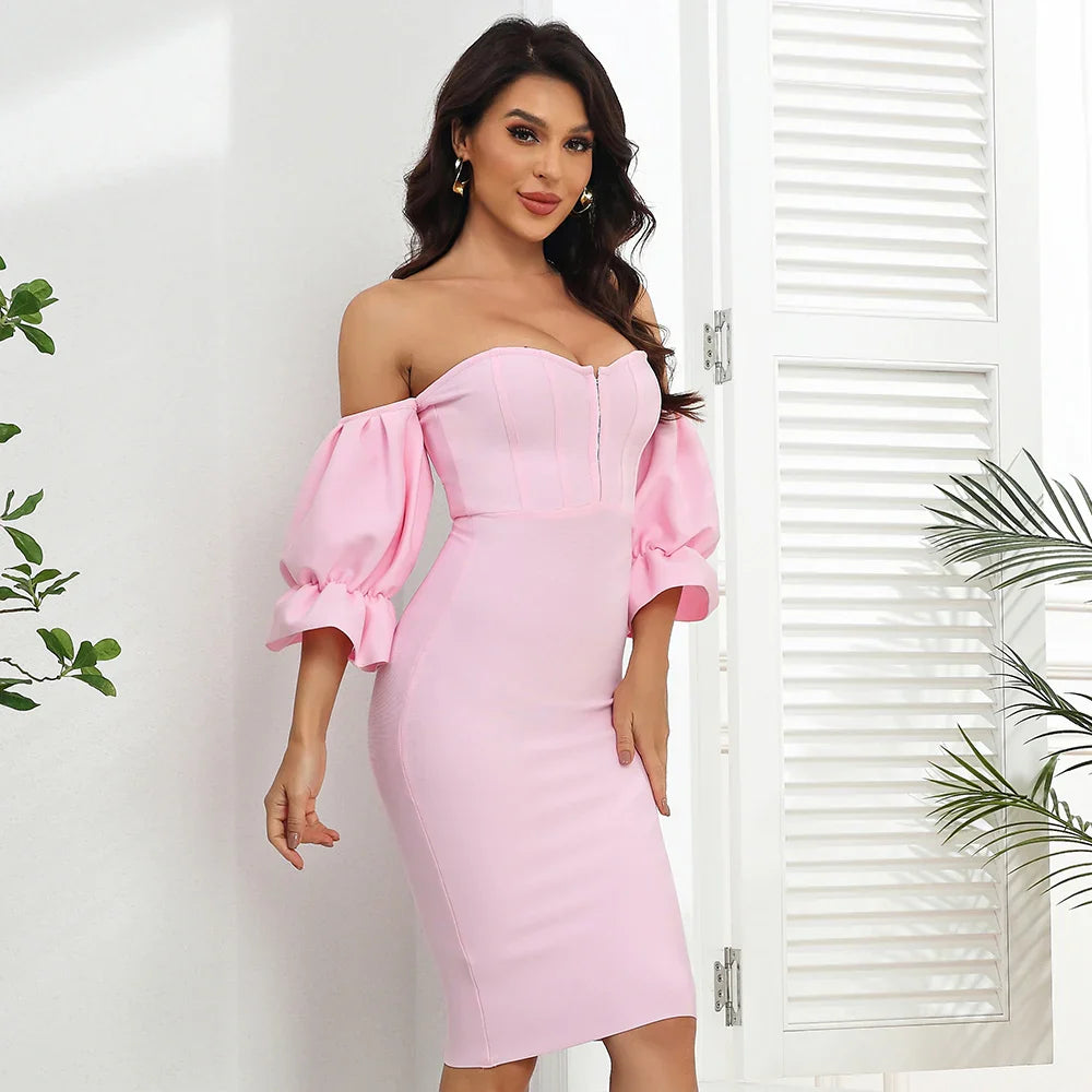 Pink Lantern Sleeve Bandage Midi Dress | Sweetheart Sculpted Fit
