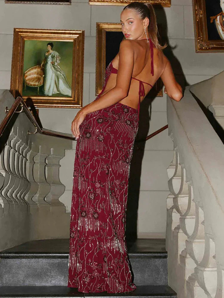 Burgundy Sequin Halter Gown | Cutout Evening Maxi Dress