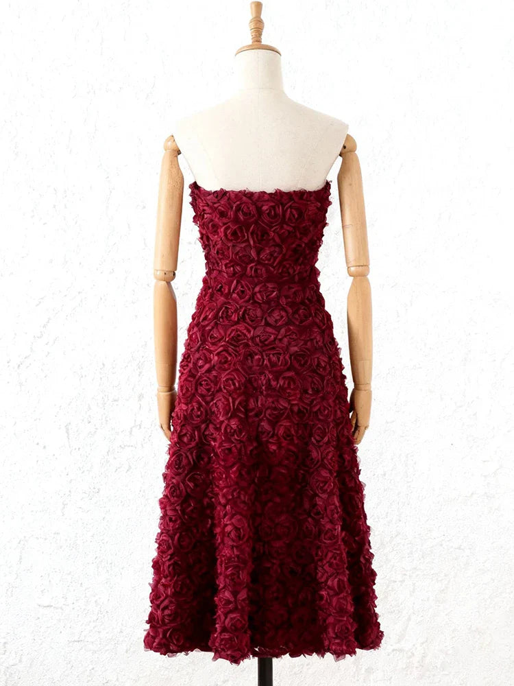 Burgundy Strapless 3D Floral A-Line Long Dress