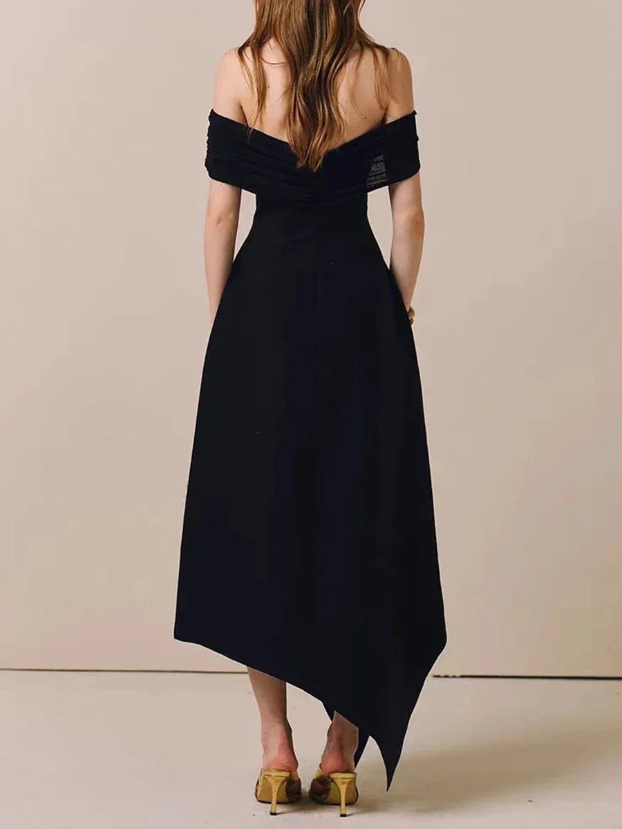 Black Slash Neck Midi Dress | Elegant Folded Off-Shoulder Style