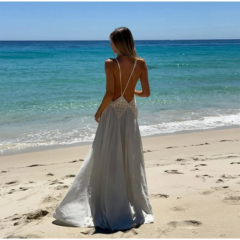 White Pleated Deep V-Neck Backless Maxi Dress