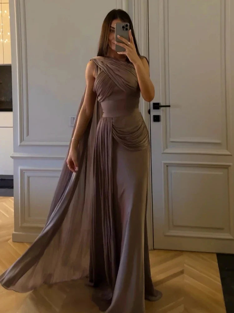 Purple Satin Pleated Folds Long Dress