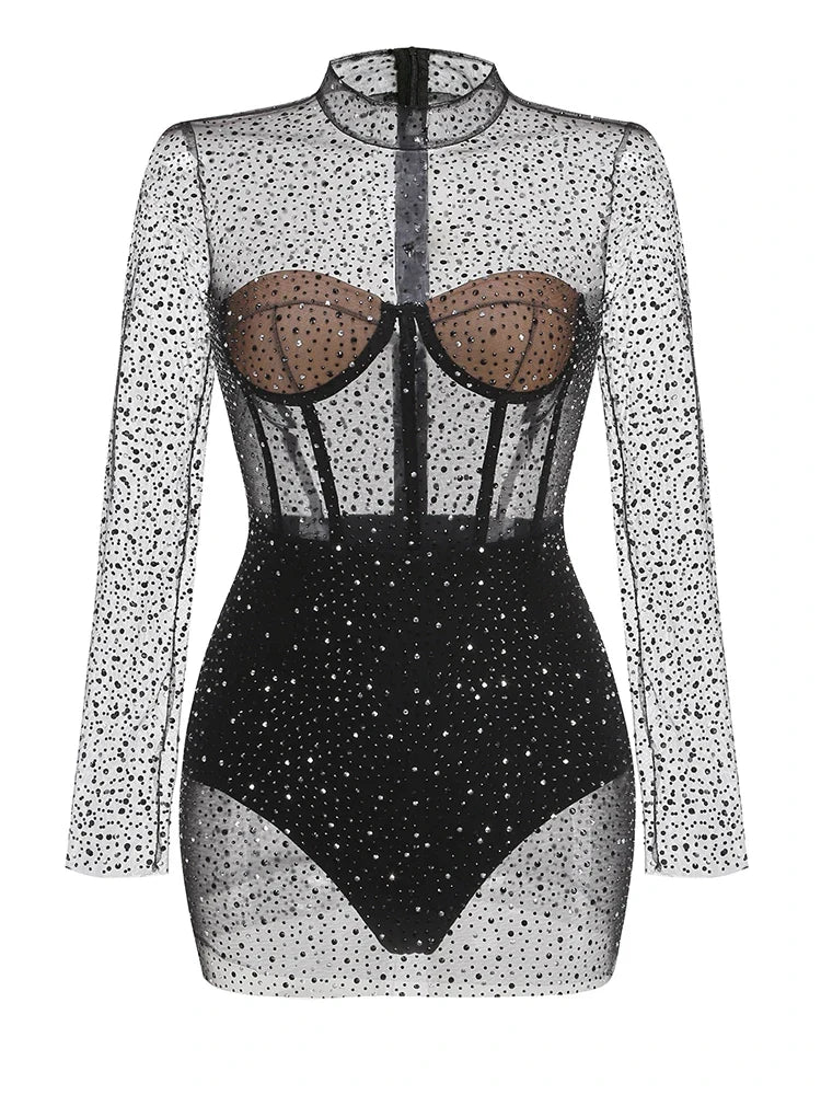 Black bodysuit with sheer long sleeves and rhinestone embellishments on a white background