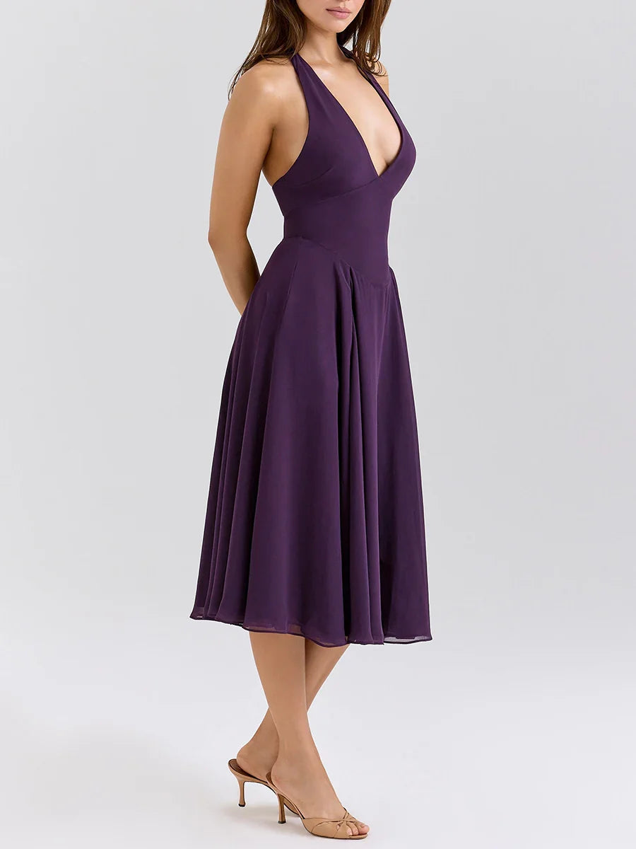 Purple Halter Neck Midi Dress | A-Line Backless Summer Classic
