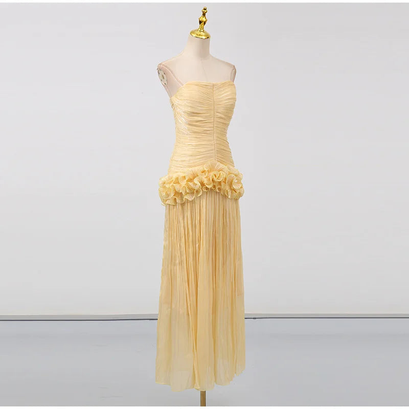Pleated Flower Ruffles Tube Long Dress