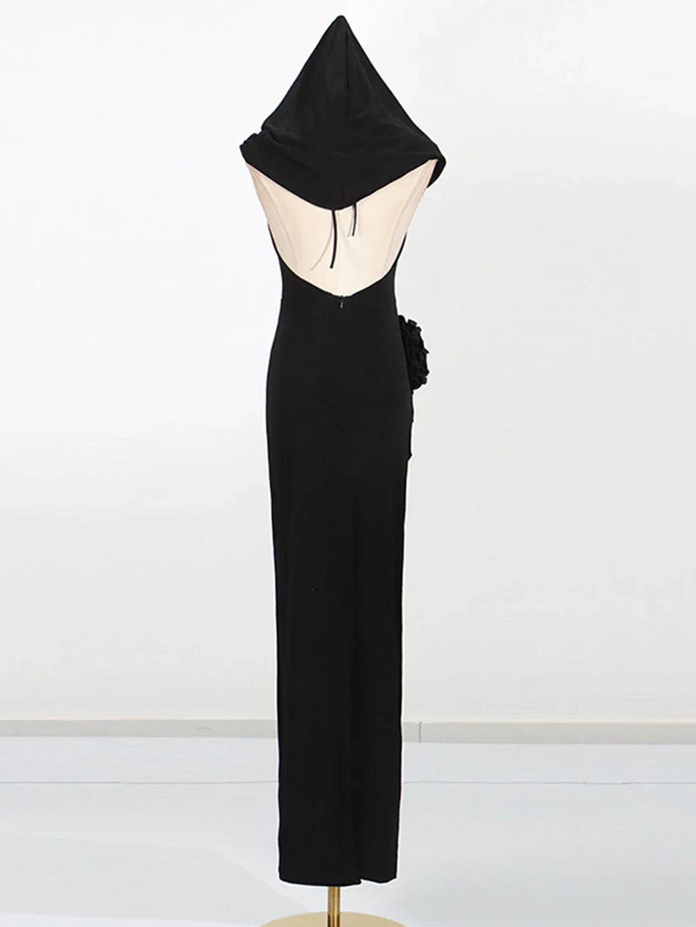 Black Metal Flower Decoration Halter Cape Maxi Dress