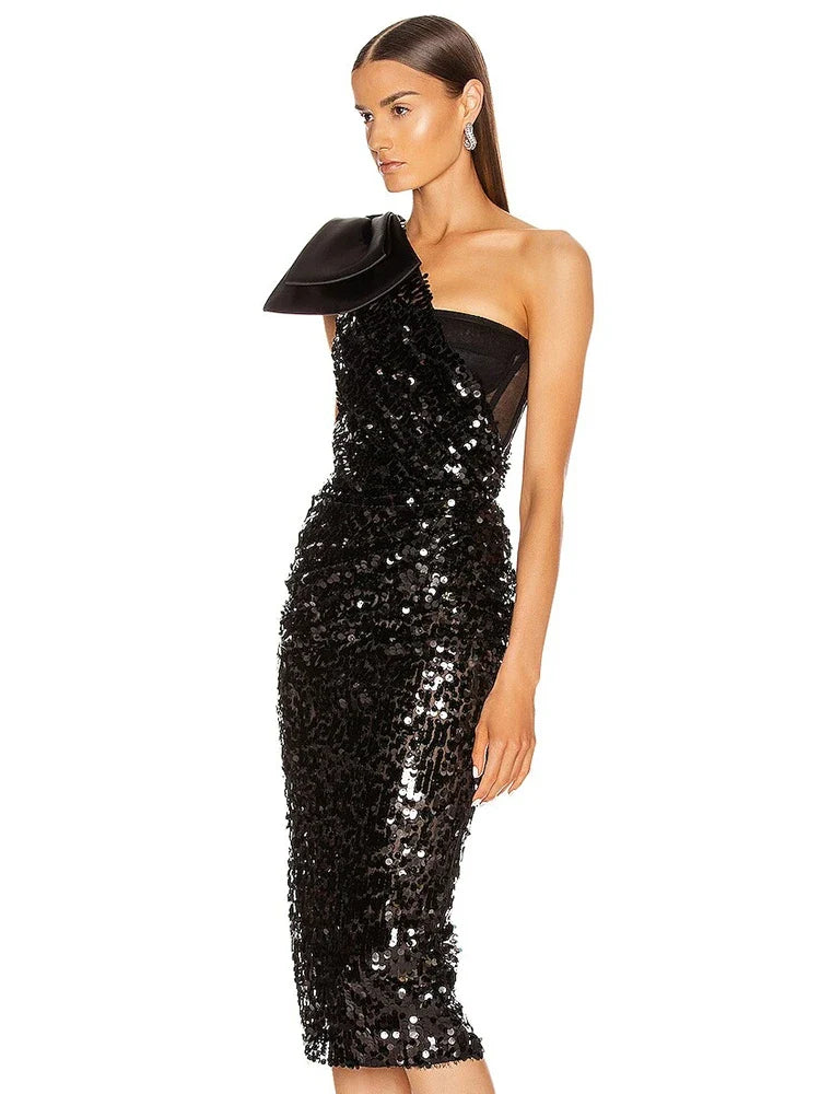 Black One-Shoulder Sequin Midi Dress with Bow Detail