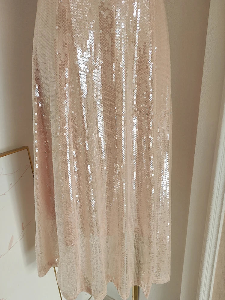 Gold Sequin Pearl Trim Round Neck Long Dress