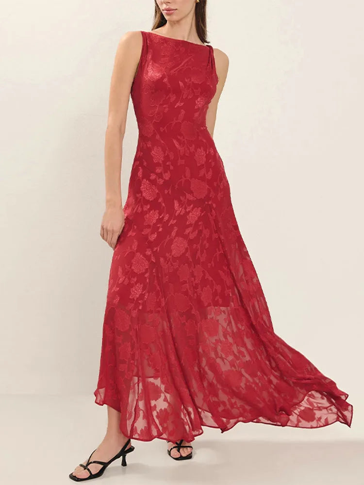 Open Back High Neck Red Printed Long Dress