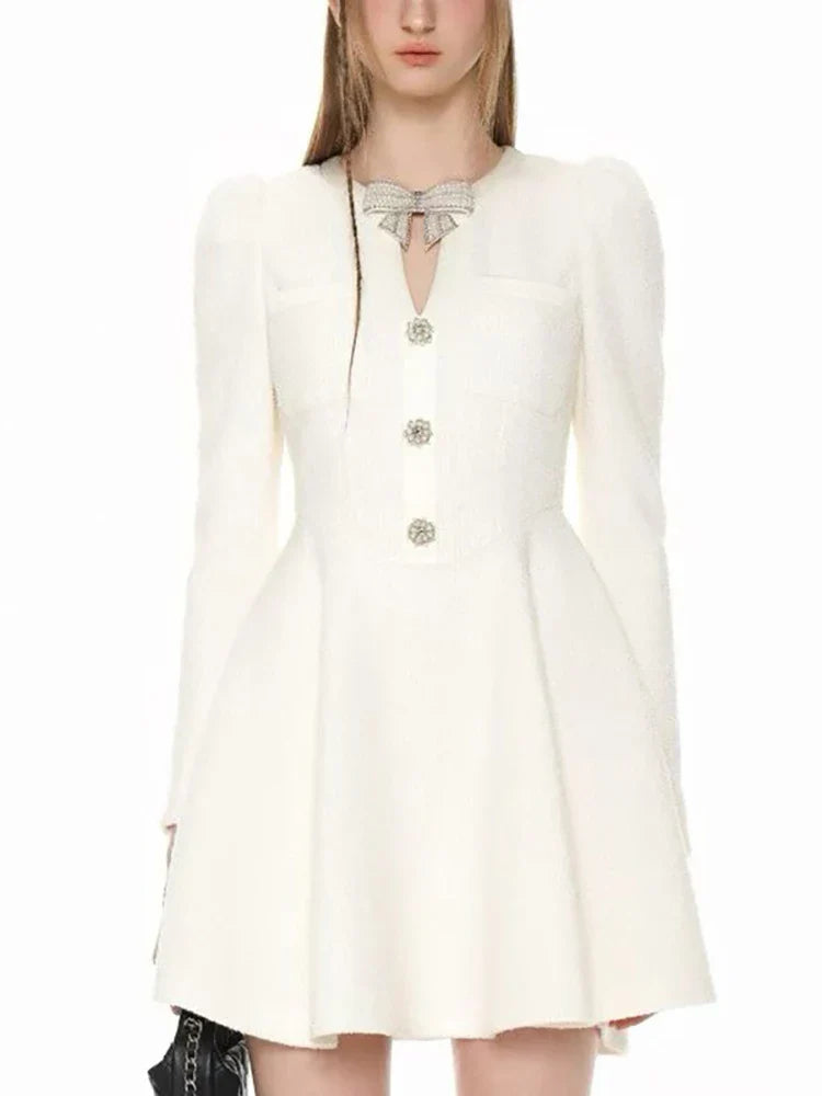 Bow Diamonds Buttons A-line Mini Dress