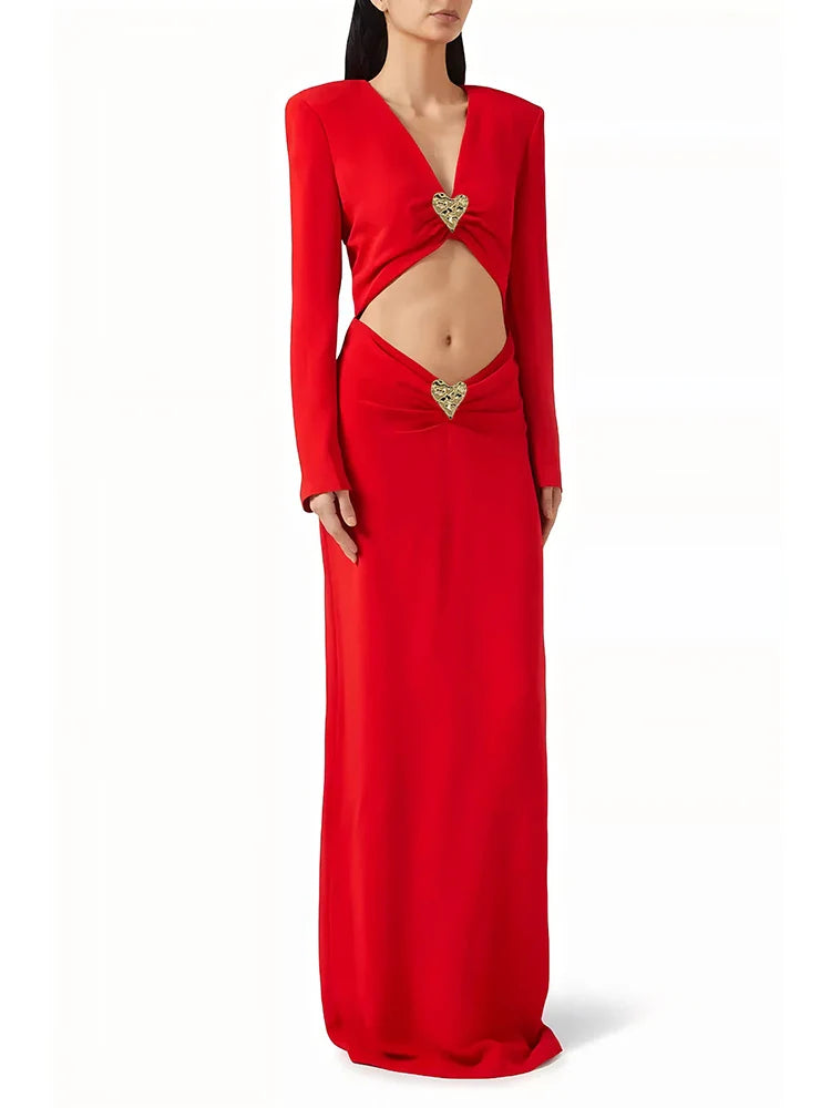 Red V-Neck Cutout Gown with Metal Heart Accent