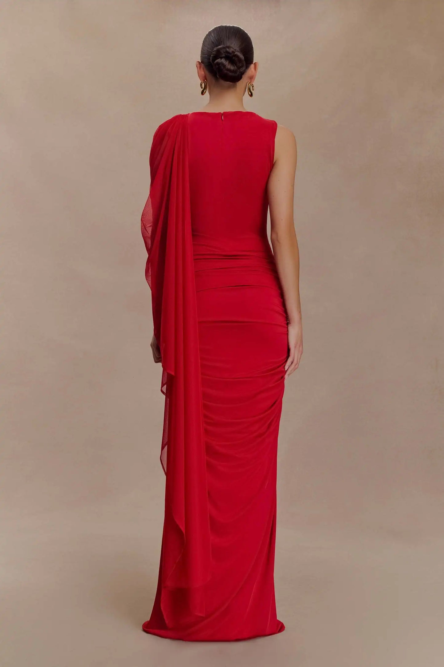 One Shoulder Shawl Drape Pleated Bodycon Long Dress