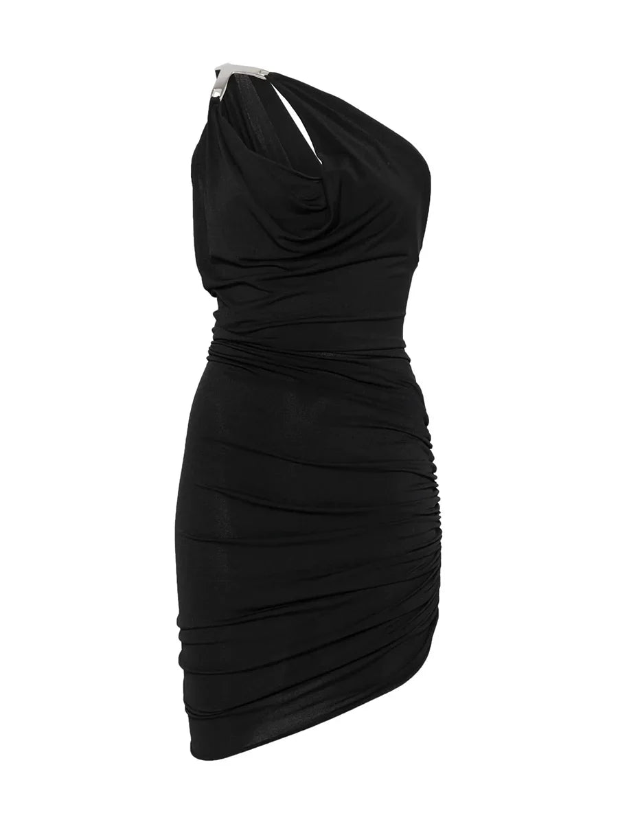 Women's Black Vintage Diagonal Collar A-Line Knee-Length Dress