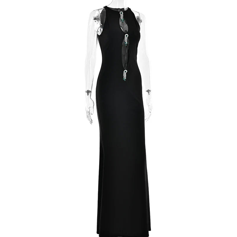 Black Hollow Out Pearl Tassel Maxi Bodycon Dress - Club & Party Wear