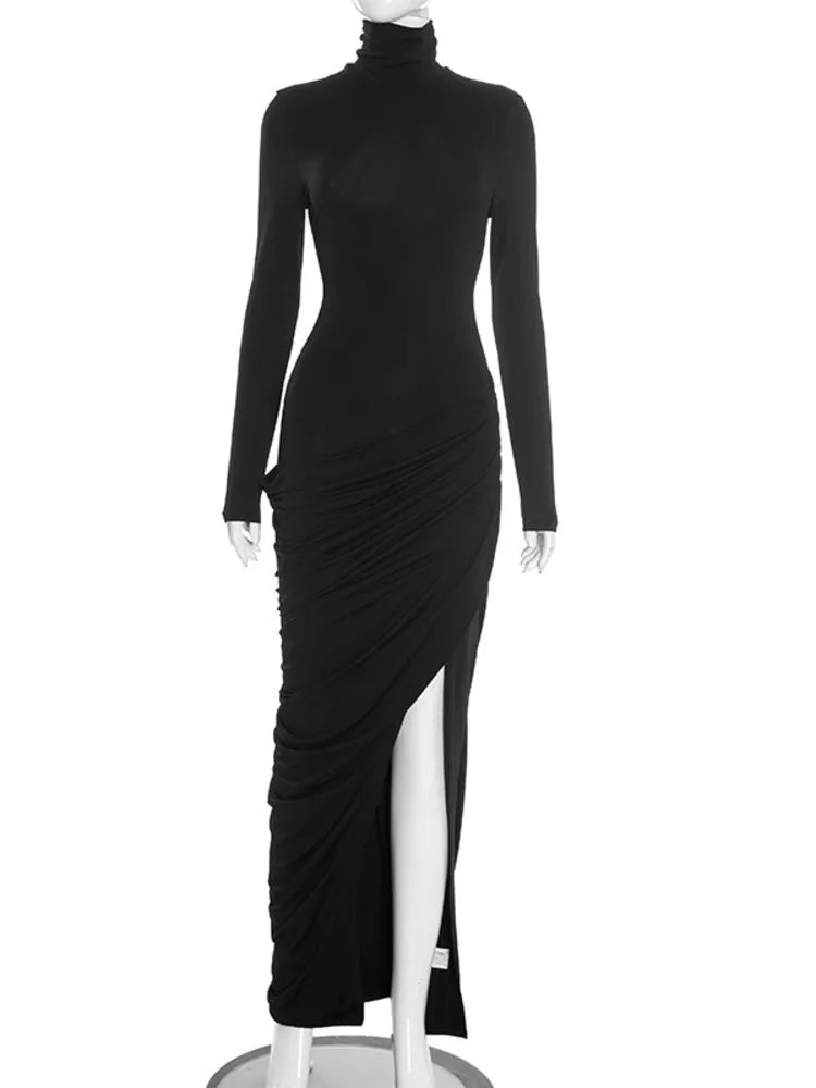 Turtleneck Long Sleeve Ruched Split Evening Maxi Dress