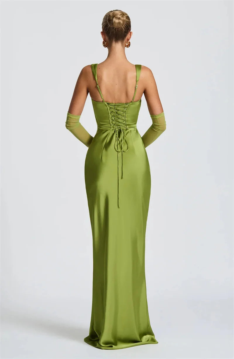 Green Square-Neck Gown with Gloves | Elegant Ankle-Length Dress