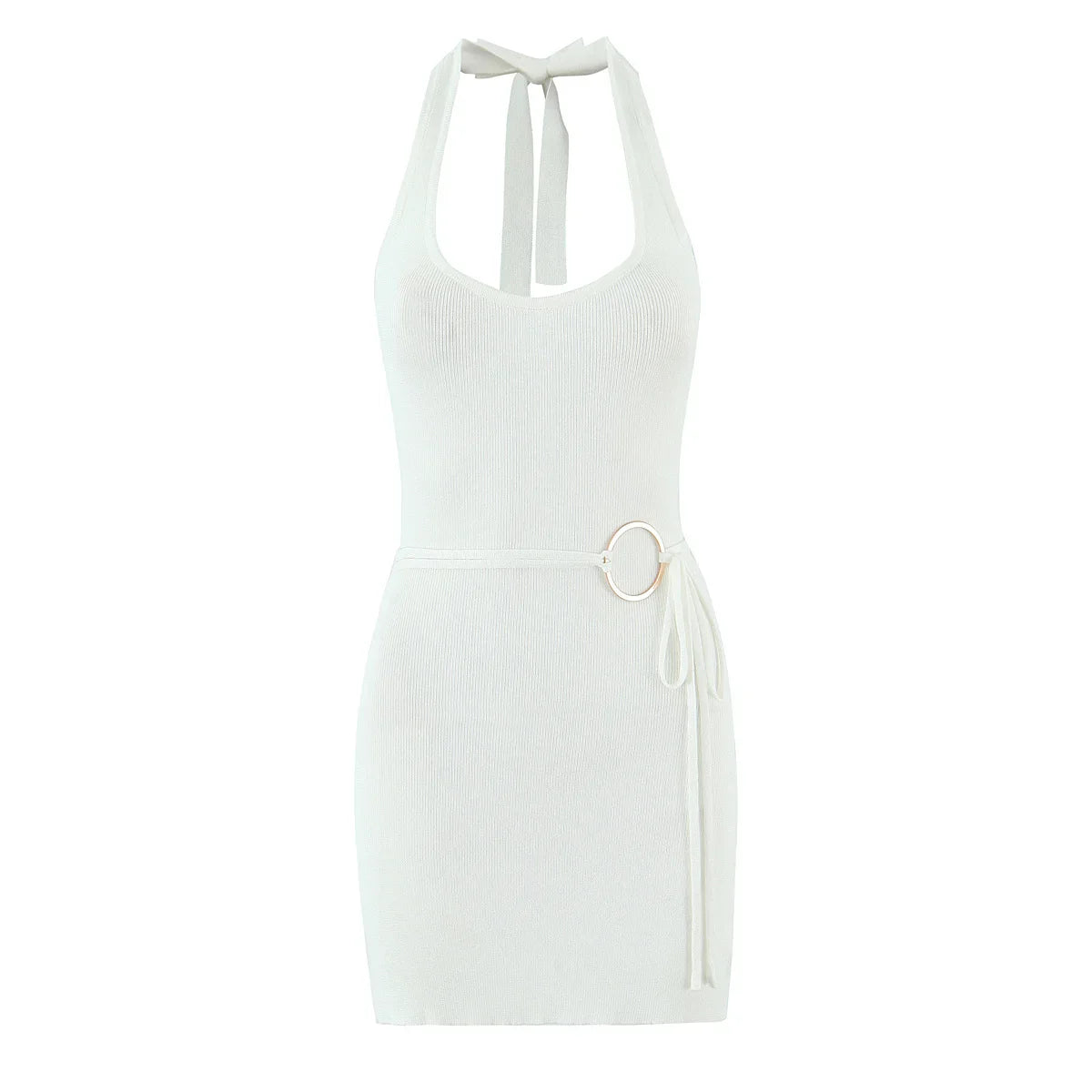 White halter neck dress with a belt on a white background