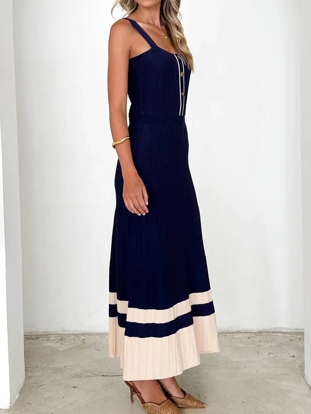 Beige Ribbed Knit Midi Dress | High-Waist Buttoned Summer Style