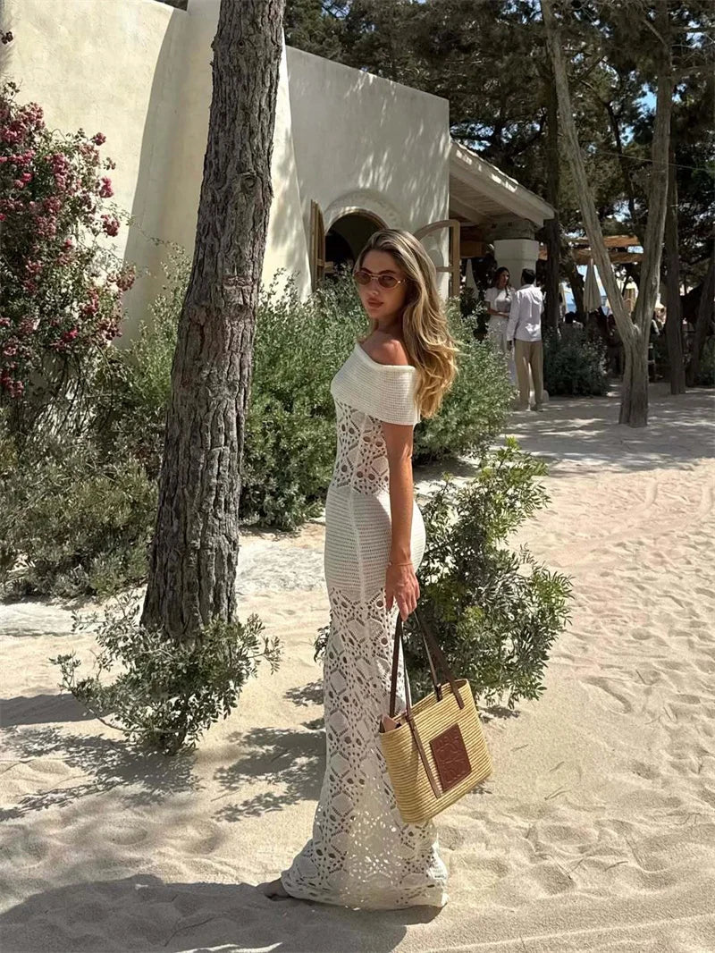 Off-Shoulder Knit Maxi Dress | Hollow-Out Party Look