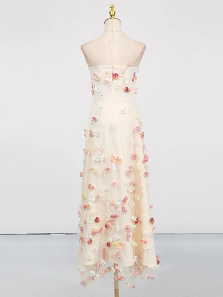 Beige Mesh Appliqué Strapless Gown – Floral Sleeveless Long Dress