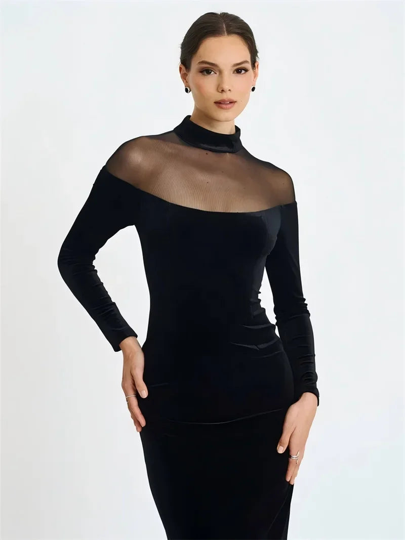 Black Velvet Sheer Off-Shoulder Evening Maxi Dress