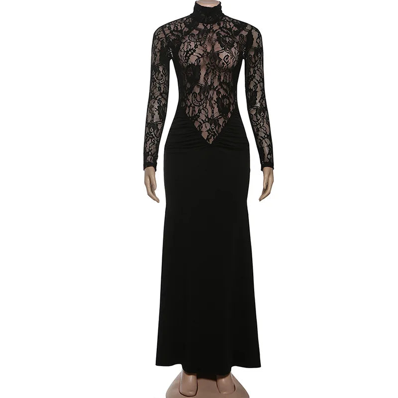 Black lace long-sleeve dress on a mannequin against a white background