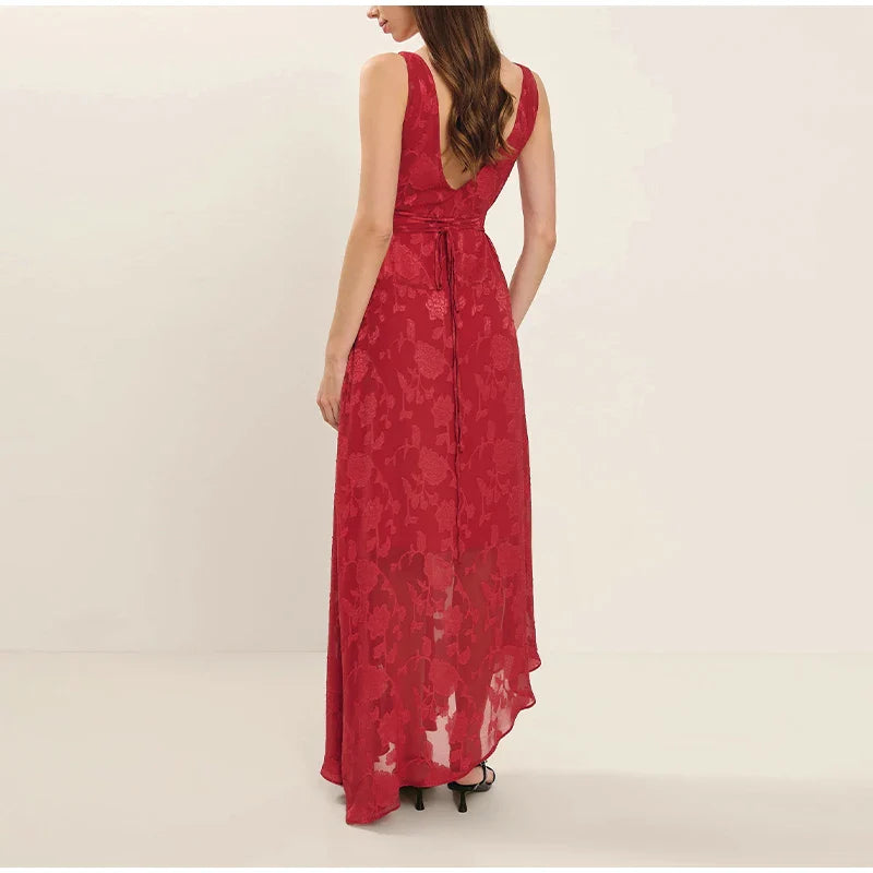 Open Back High Neck Red Printed Long Dress