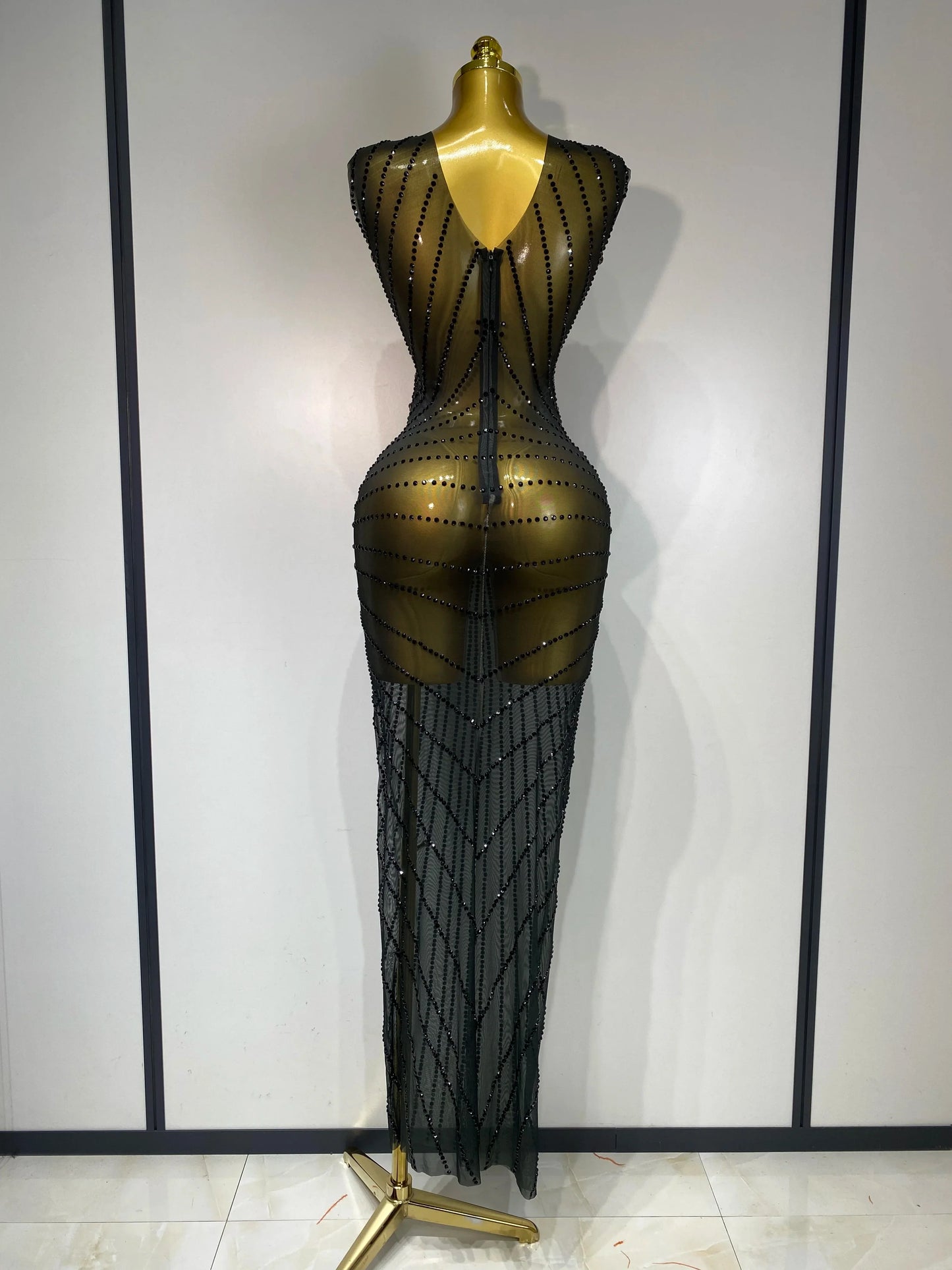 Black & Green Sparkly Rhinestone Mesh Bodycon Dress