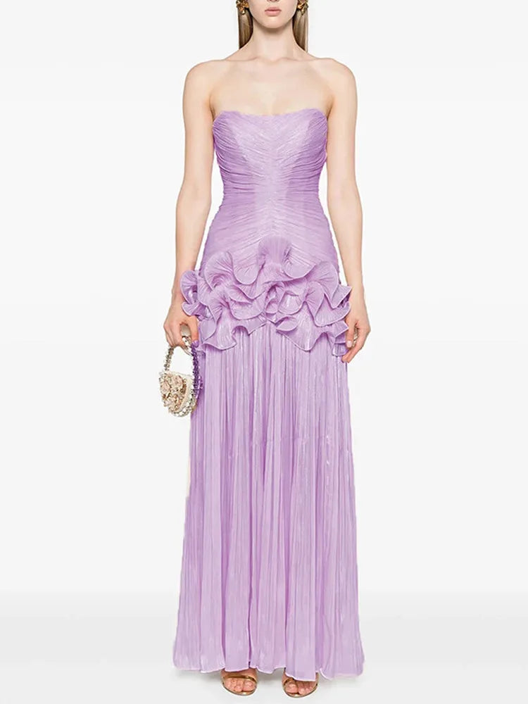 Pleated Flower Ruffles Tube Long Dress