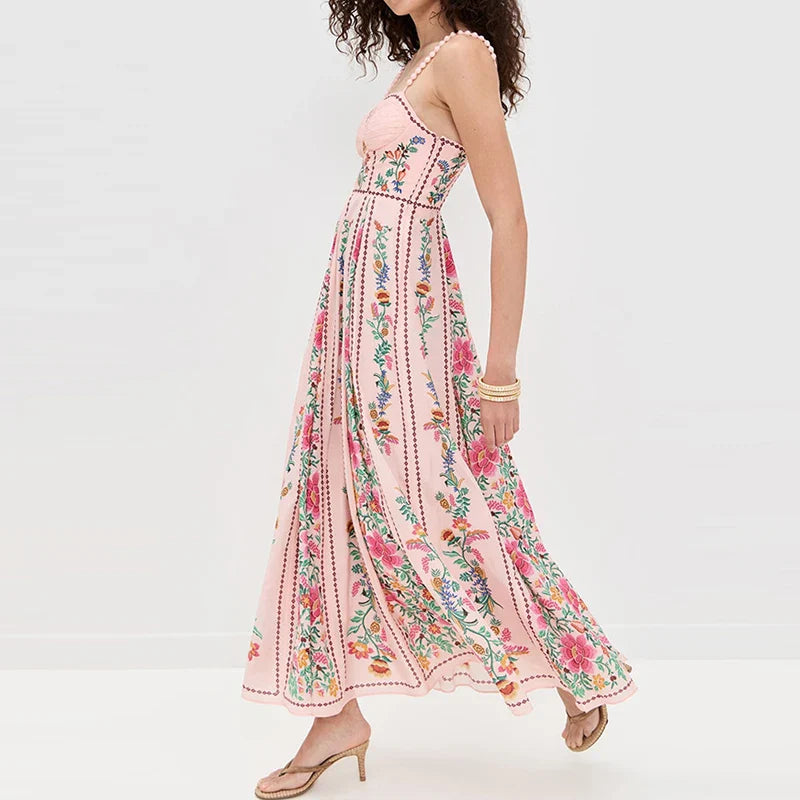 Floral Print Pleated Tube Top A-Line Maxi Dress with Low Cut Back