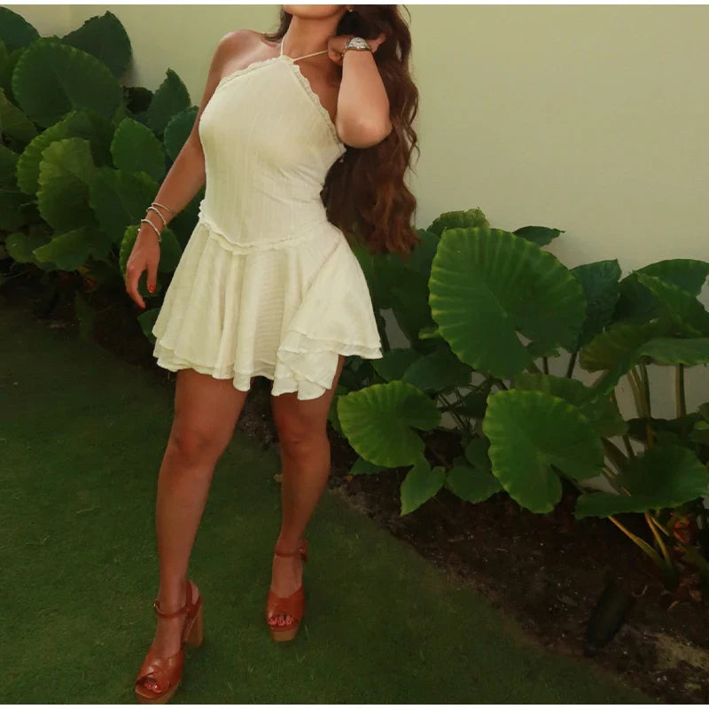 White Halter Pleated Mini Dress