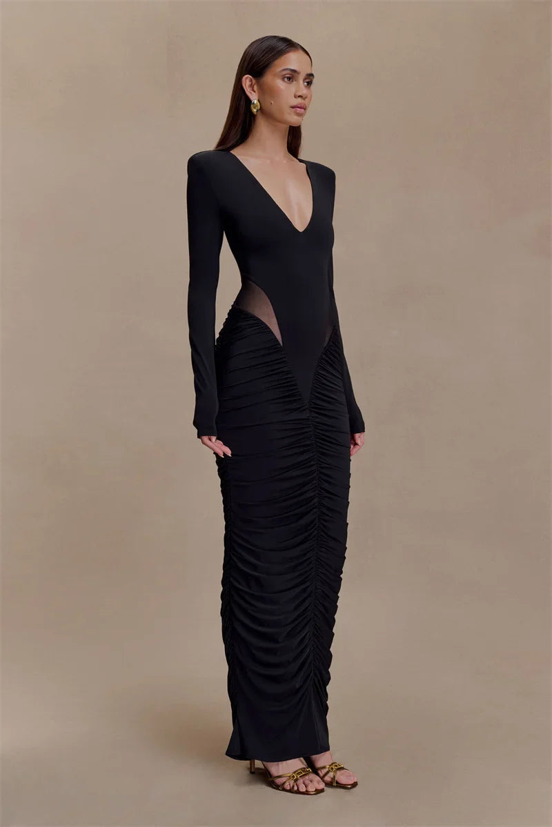 Deep V Neck Long Sleeve Cut Out Maxi Dress