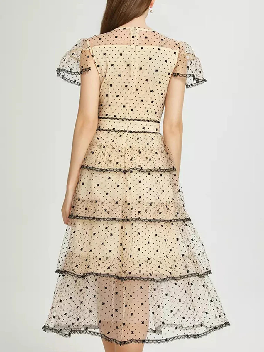 Apricot Sheer Spliced A-Line Midi Dress