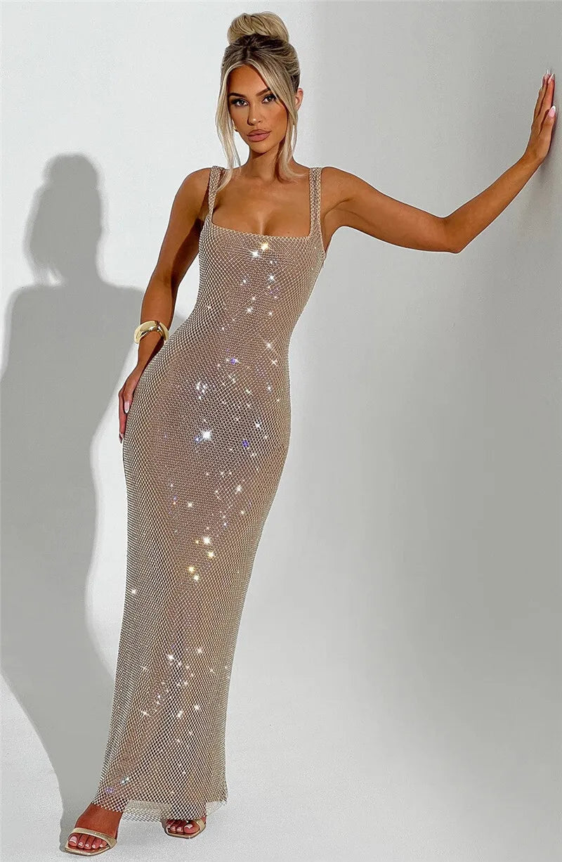 Sparkle Sequin Backless Maxi Dress – Sleeveless Club Gown with Square Neck
