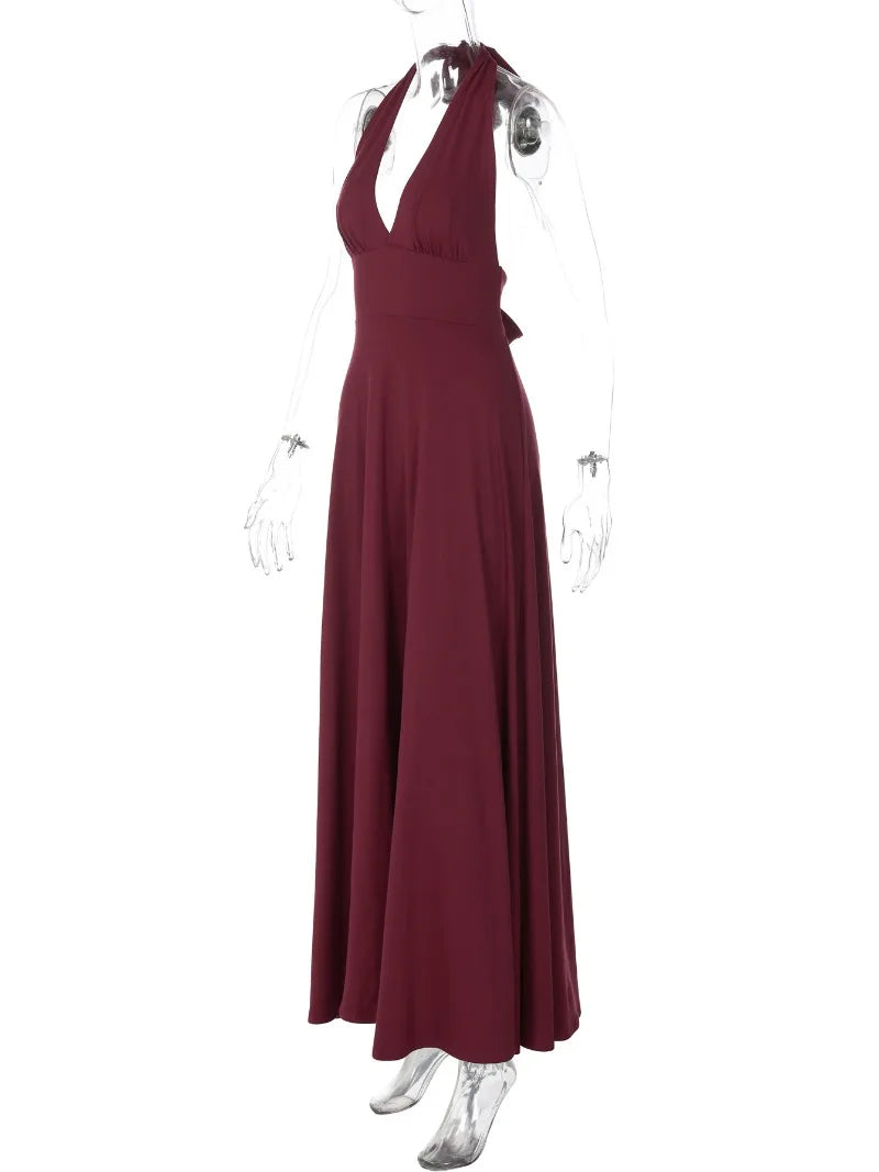Burgundy Halter Backless Gown | Ankle-Length Party Elegance