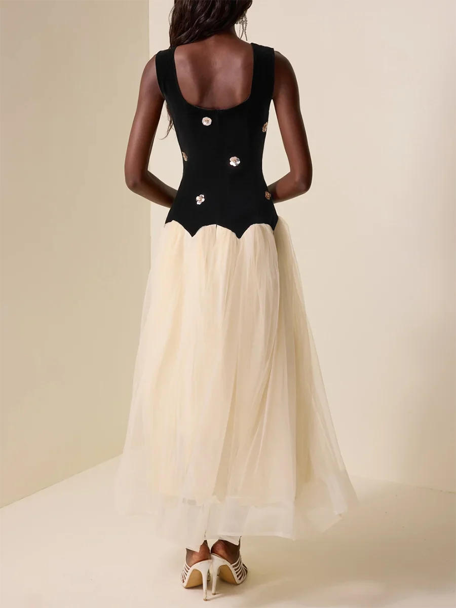 Hit Color Hollow Out Maxi Dress - Spliced Mesh Round Neck